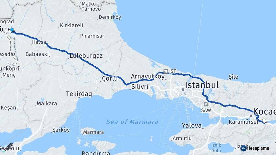 Edirne Maşukiye Kartepe Kocaeli Arası Kaç Km - Yol Haritası