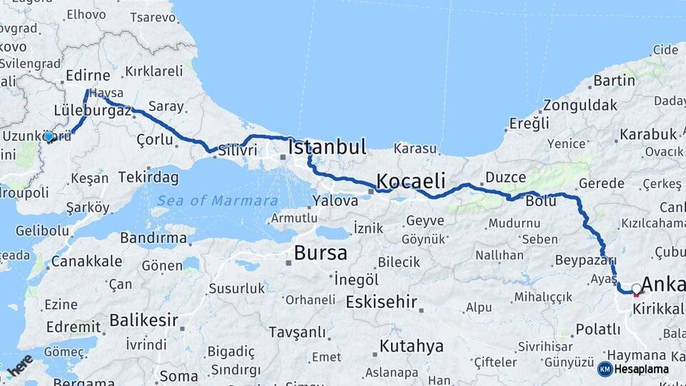 Edirne Meriç Ankara Arası Kaç Km - Yol Haritası