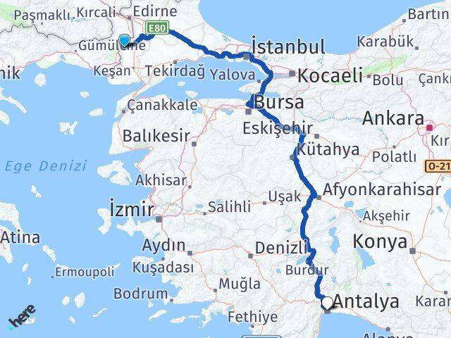 Edirne Meriç Antalya Arası Kaç Km - Yol Haritası