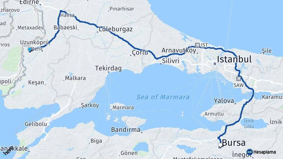 Edirne Meriç Bursa Arası Kaç Km - Yol Haritası