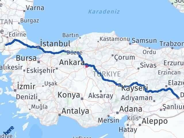 Edirne Meriç Diyarbakır Arası Kaç Km - Yol Haritası