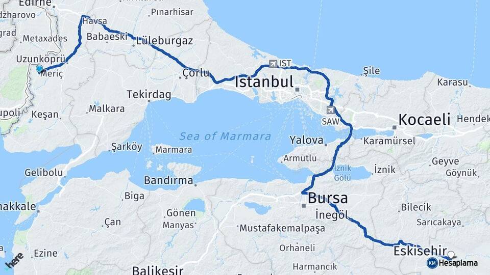 Edirne Meriç Eskişehir Arası Kaç Km - Yol Haritası