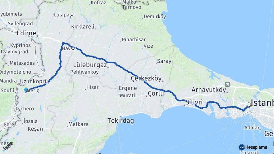 Edirne Meriç İstanbul Arası Kaç Km - Yol Haritası