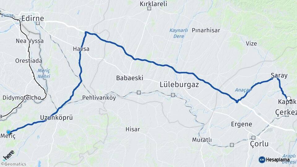 Edirne Meriç Kapaklı Tekirdağ Arası Kaç Km - Yol Haritası