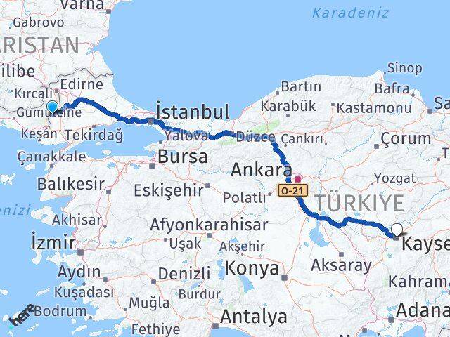 Edirne Meriç Kayseri Arası Kaç Km - Yol Haritası