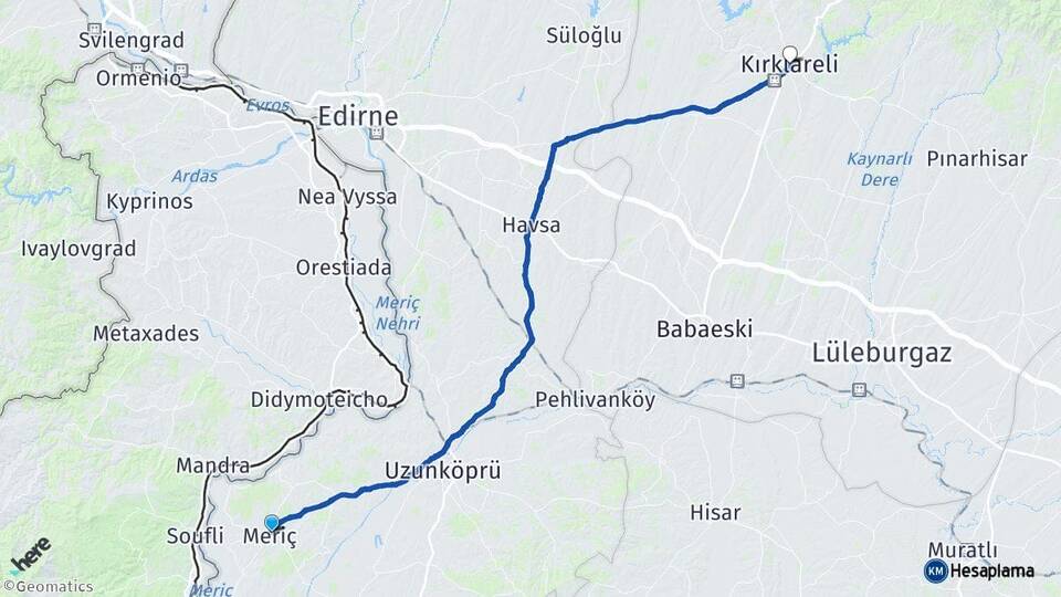 Edirne Meriç Kırklareli Arası Kaç Km - Yol Haritası