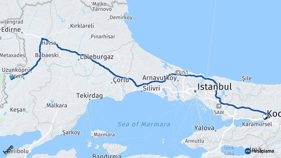 Edirne Meriç Kocaeli Arası Kaç Km - Yol Haritası