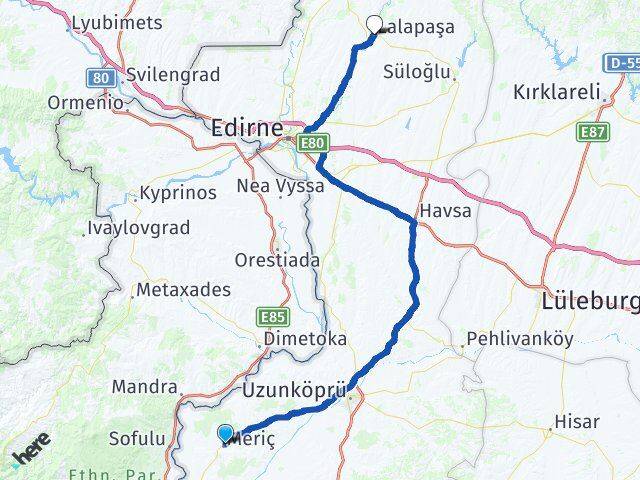 Edirne Meriç Lalapaşa Arası Kaç Km - Yol Haritası
