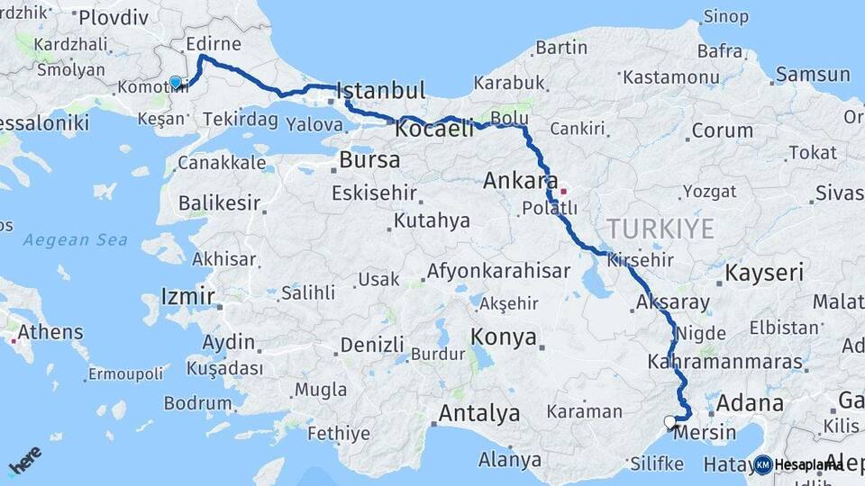 Edirne Meriç Mersin Arası Kaç Km - Yol Haritası