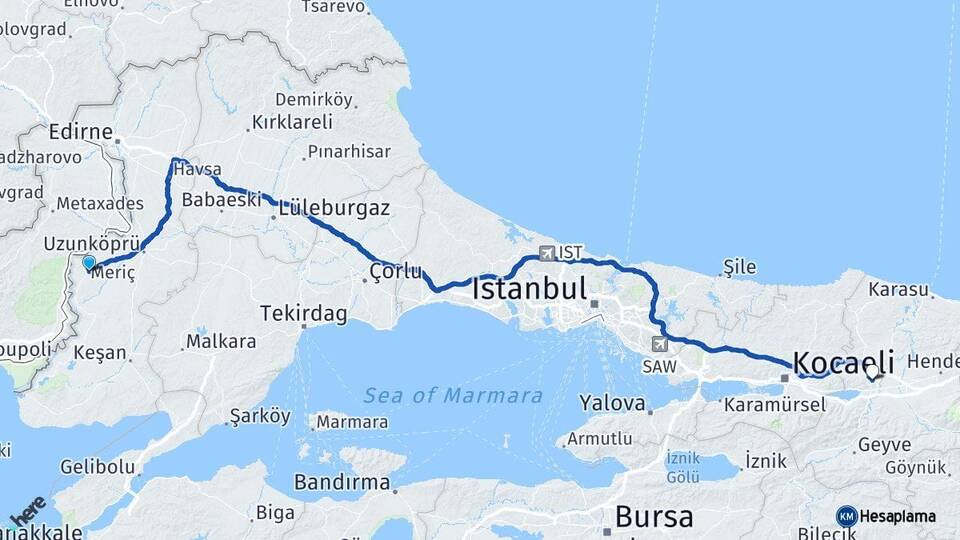 Edirne Meriç Sakarya Arası Kaç Km - Yol Haritası