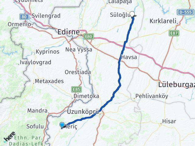 Edirne Meriç Süloğlu Arası Kaç Km - Yol Haritası