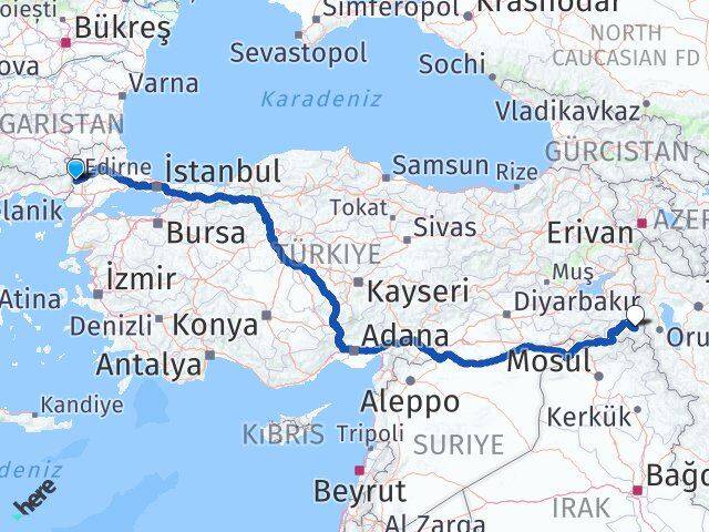 Edirne Meriç Yüksekova Hakkari Arası Kaç Km - Yol Haritası