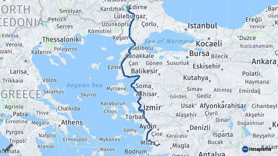 Edirne Milas Muğla Arası Kaç Km - Yol Haritası
