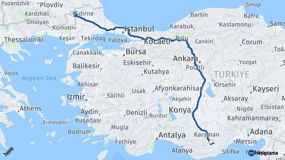 Edirne Mut Mersin Arası Kaç Km - Yol Haritası