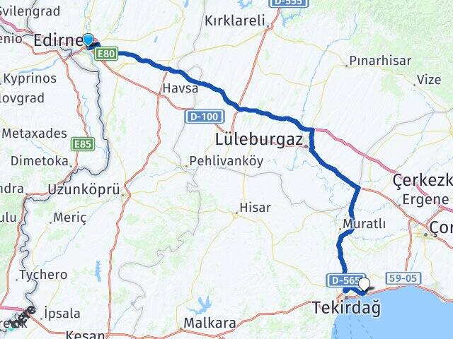 Edirne Namık Kemal Üniversitesi Arası Kaç Km - Yol Haritası