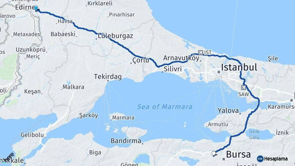Edirne Nilüfer Bursa Arası Kaç Km - Yol Haritası