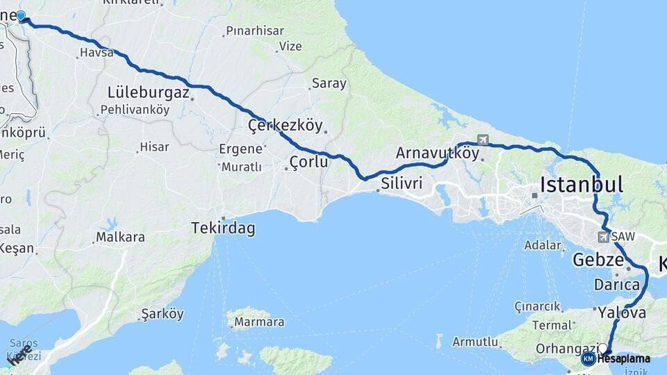 Edirne Orhangazi Bursa Arası Kaç Km - Yol Haritası
