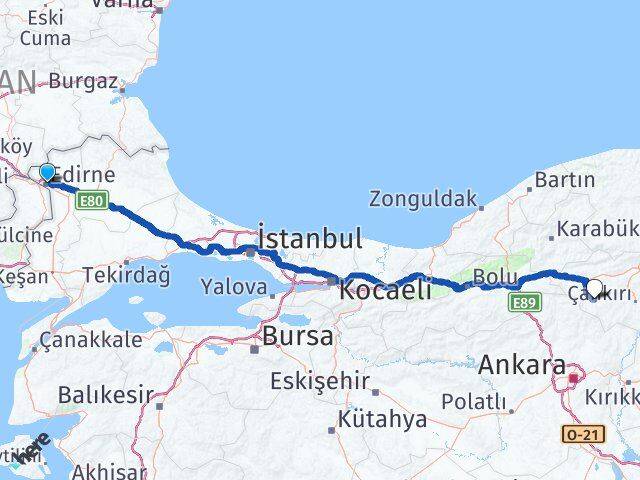 Edirne Orta Çankırı Arası Kaç Km - Yol Haritası