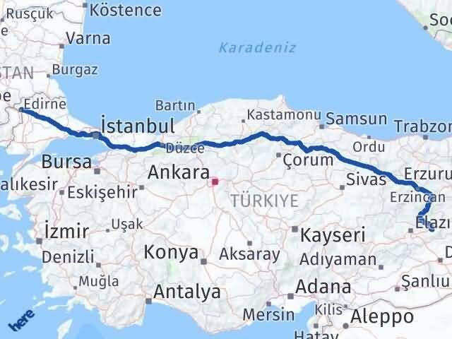 Edirne Palu Elazığ Arası Kaç Km - Yol Haritası