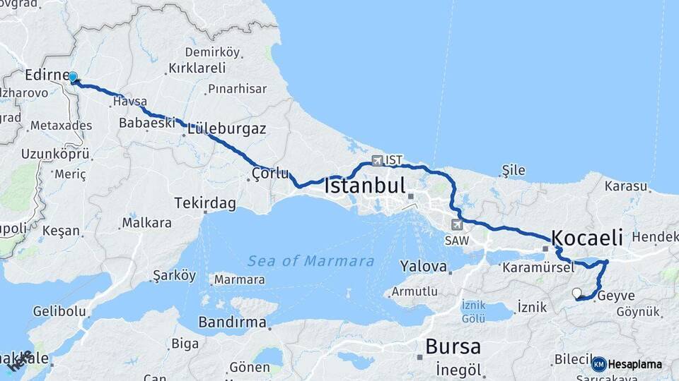 Edirne Pamukova Sakarya Arası Kaç Km - Yol Haritası