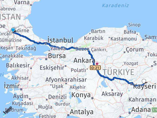 Edirne Pınarbaşı Kayseri Arası Kaç Km - Yol Haritası