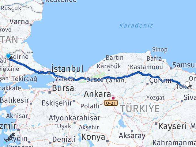 Edirne Reşadiye Tokat Arası Kaç Km - Yol Haritası
