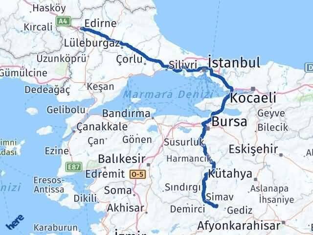 Edirne Şaphane Kütahya Arası Kaç Km - Yol Haritası