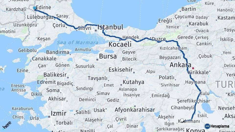 Edirne Sarayönü Konya Arası Kaç Km - Yol Haritası
