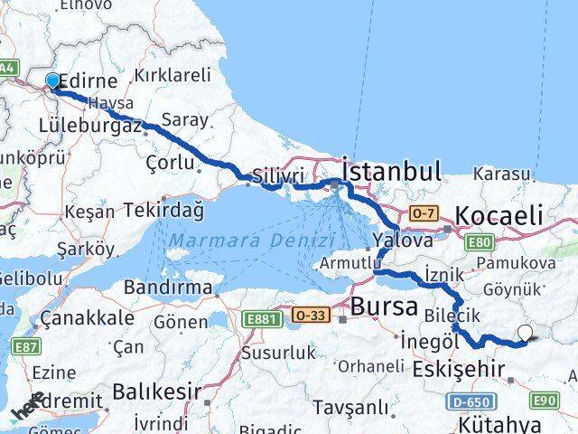 Edirne Sarıcakaya Eskişehir Arası Kaç Km - Yol Haritası