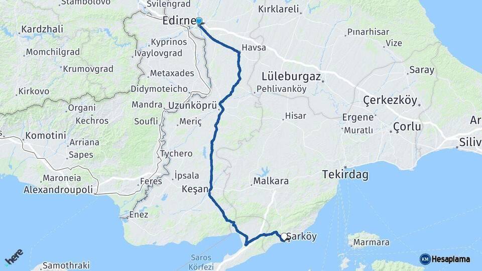 Edirne Şarköy Tekirdağ Arası Kaç Km - Yol Haritası