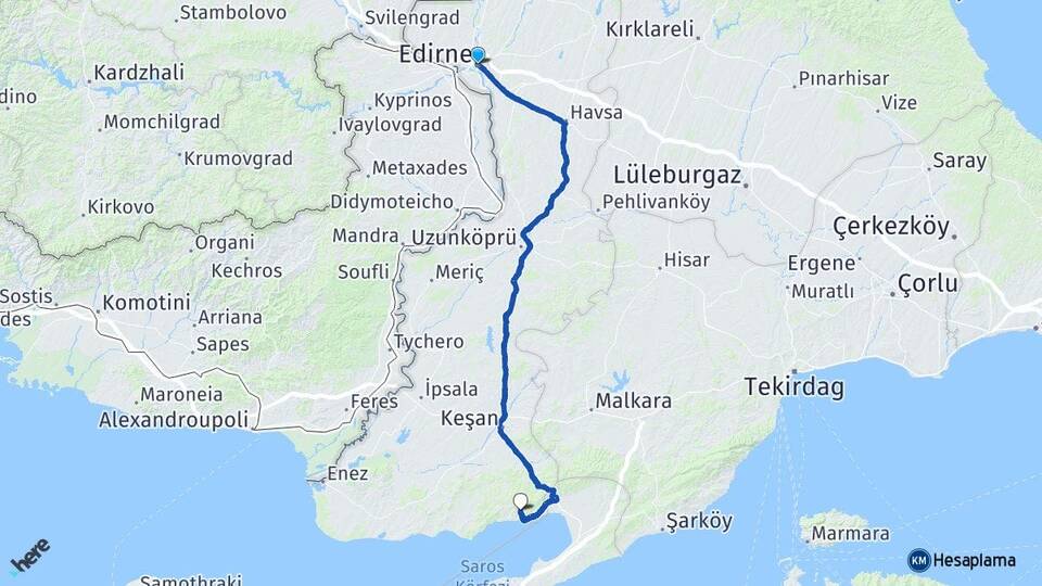Edirne Sazlıdere Keşan Arası Kaç Km - Yol Haritası