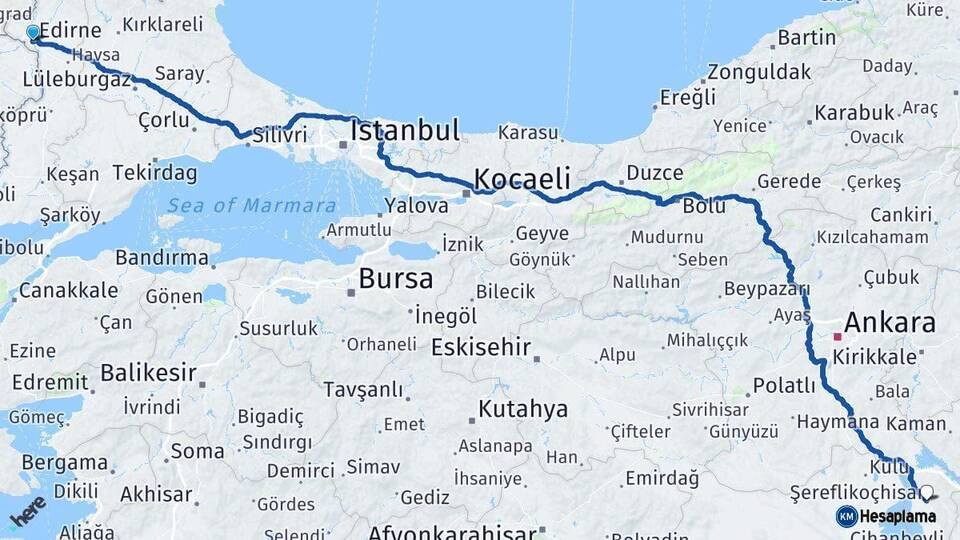 Edirne Şereflikoçhisar Ankara Arası Kaç Km - Yol Haritası