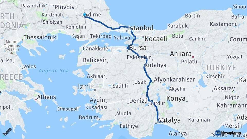 Edirne Serik Antalya Arası Kaç Km - Yol Haritası
