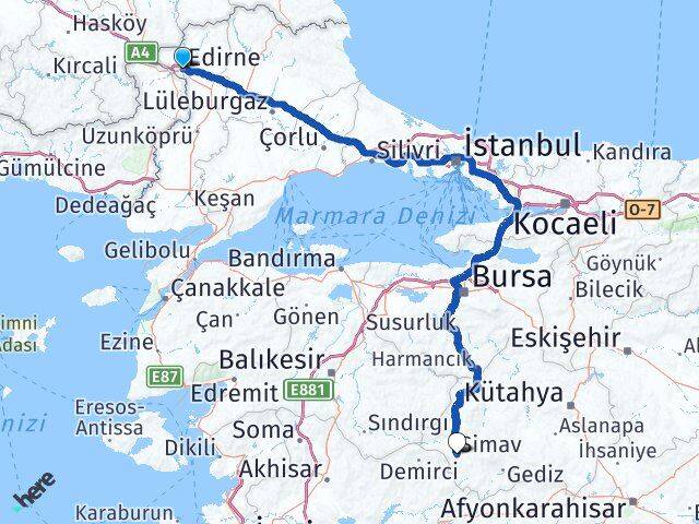 Edirne Simav Kütahya Arası Kaç Km - Yol Haritası