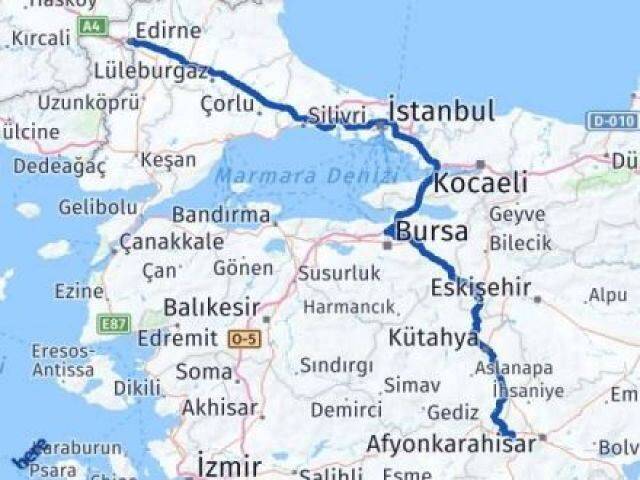 Edirne Sinanpaşa Afyonkarahisar Arası Kaç Km - Yol Haritası