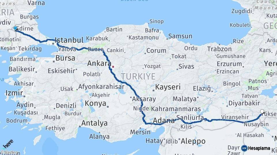 Edirne Şırnak Arası Kaç Km - Yol Haritası