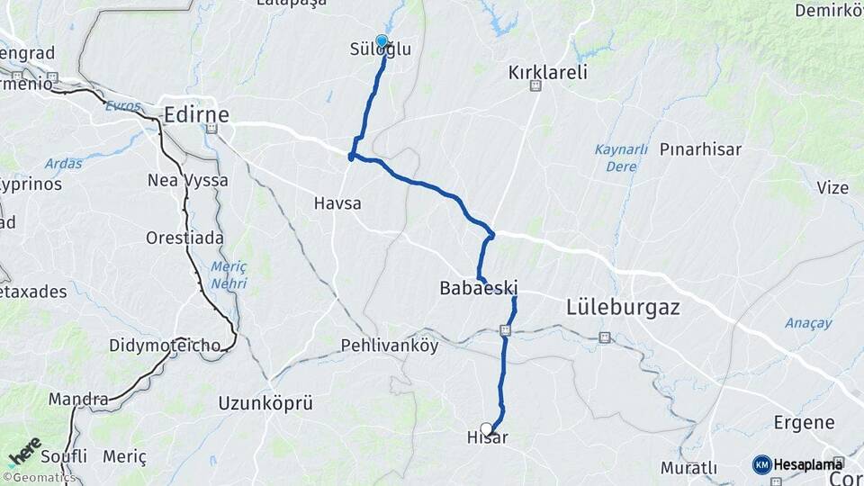 Edirne Süloğlu Hayrabolu Tekirdağ Arası Kaç Km - Yol Haritası