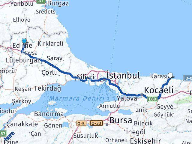 Edirne Süloğlu Karasu Sakarya Arası Kaç Km - Yol Haritası