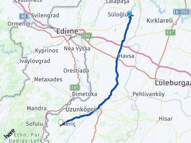 Edirne Süloğlu Meriç Arası Kaç Km - Yol Haritası