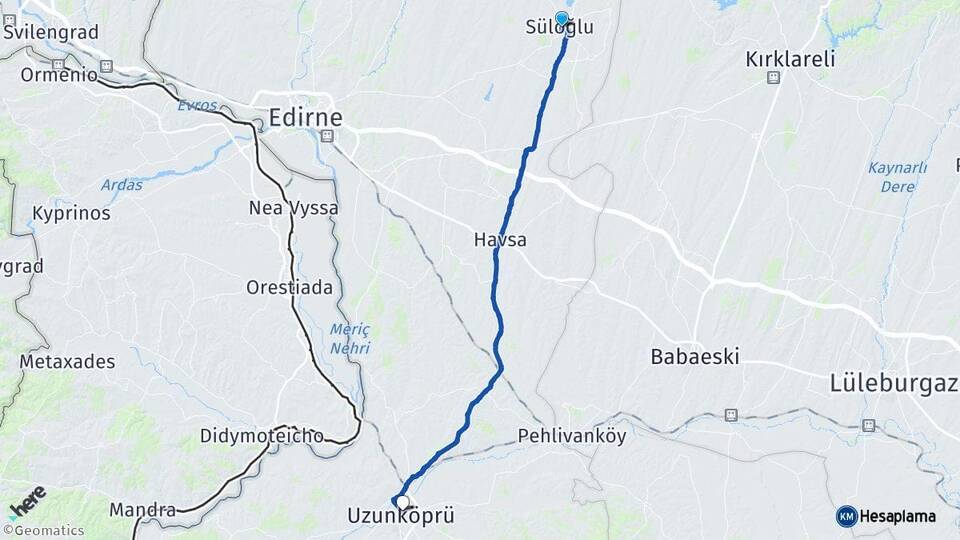 Edirne Süloğlu Uzunköprü Arası Kaç Km - Yol Haritası