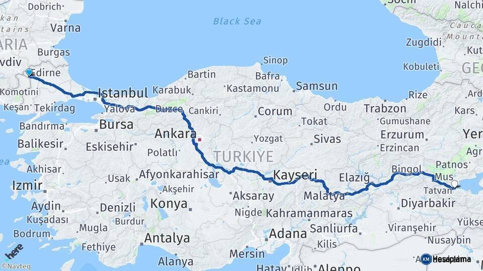 Edirne Tatvan Bitlis Arası Kaç Km - Yol Haritası