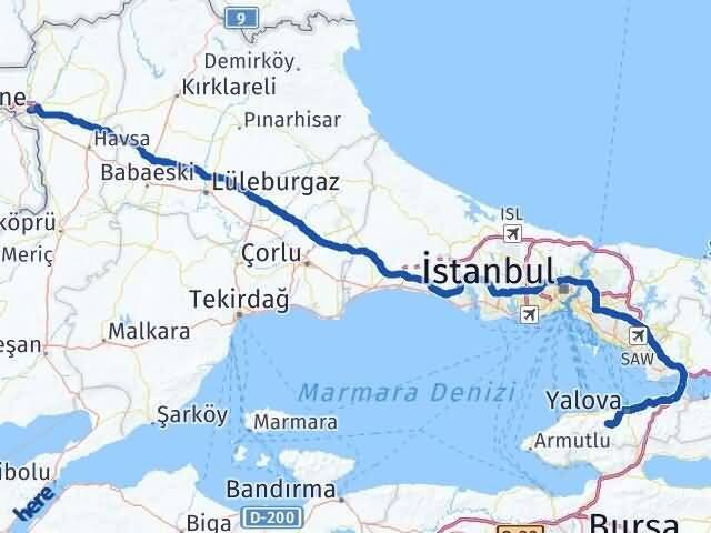 Edirne Termal Yalova Arası Kaç Km - Yol Haritası
