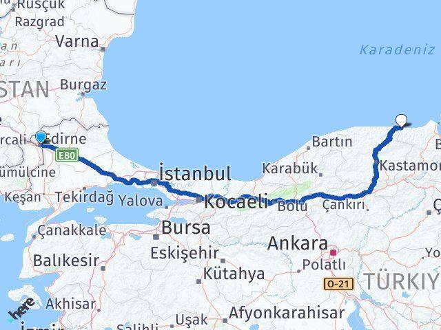 Edirne Türkeli Sinop Arası Kaç Km - Yol Haritası