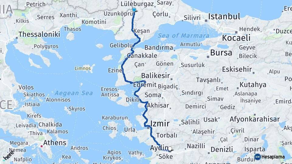 Edirne Uzunköprü Aydın Arası Kaç Km - Yol Haritası