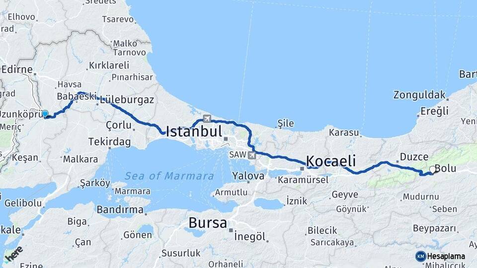 Edirne Uzunköprü Bolu Arası Kaç Km - Yol Haritası