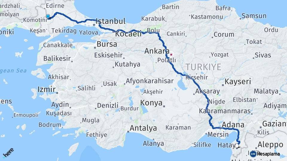 Edirne Uzunköprü Hatay Arası Kaç Km - Yol Haritası