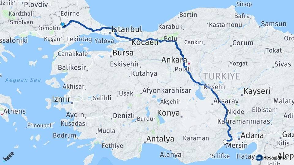 Edirne Uzunköprü Mersin Arası Kaç Km - Yol Haritası