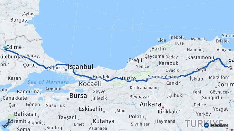 Edirne Vezirköprü Samsun Arası Kaç Km - Yol Haritası