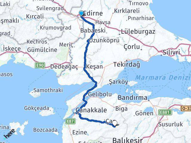 Edirne Yenice Çanakkale Arası Kaç Km - Yol Haritası