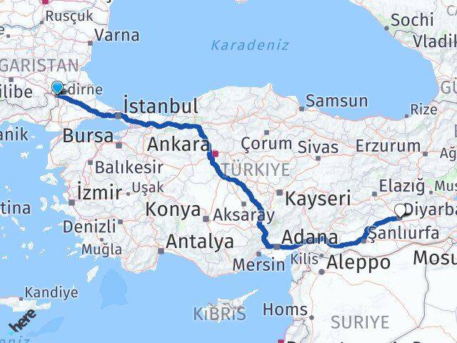 Edirne Yenişehir Diyarbakır Arası Kaç Km - Yol Haritası